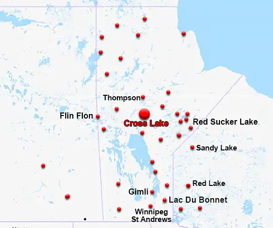 Map showing the location of Cross Lake in Manitoba